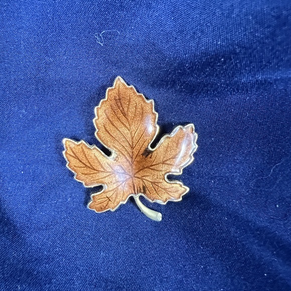 Gold Tone Enamel Maple Leaf Brooch Autumnal Vein Detail Seasonal Elegant - Picture 3 of 3